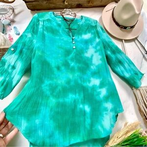 Tie dye AQUA Oceanus boho breezy tunic blouse/bikini cover up w vacay beach vibe